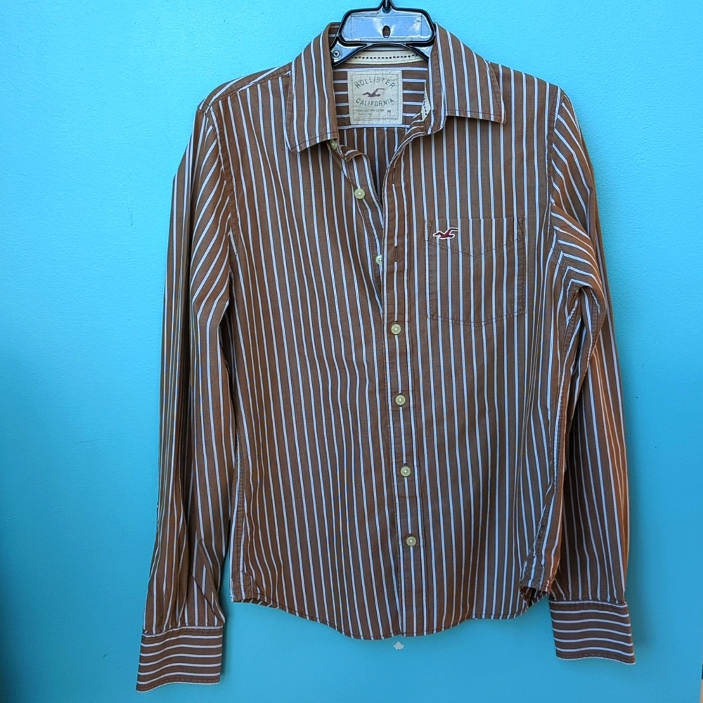 HOLLISTER | Men’s Striped Button Down Shirt, Brown White Long Sleeve, Size M